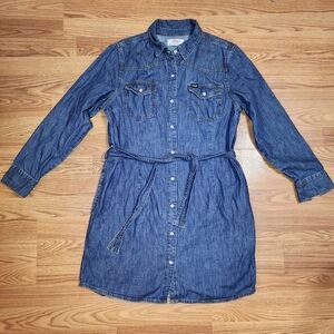 Wrangler Blue Denim Long Sleeve Shirt Dress with Waist Tie